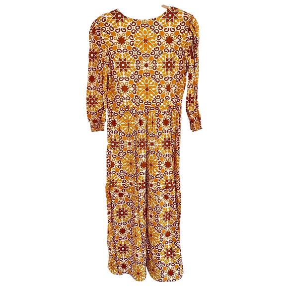 Beyond by Vera Rust Pietra Dura Block Print Midi Cotton Fall Tie Waist Dress - Picture 5 of 12